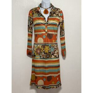 VTG 90s Does 70s daModa Boho Hippie Stripe Floral Shirt Dress S Brown Crunchy